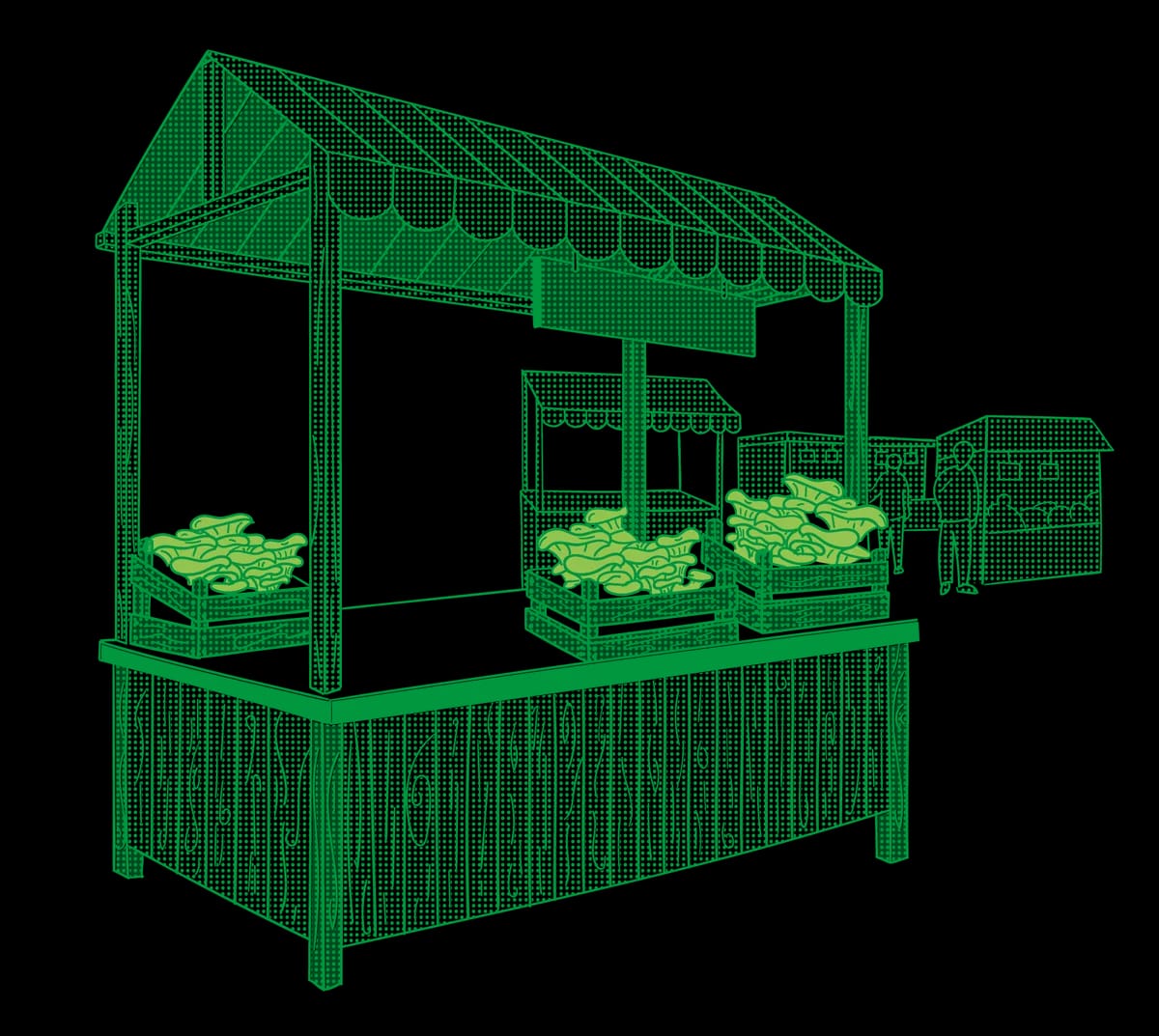 Paso 7: un puesto de feria con cajas de setas frescas