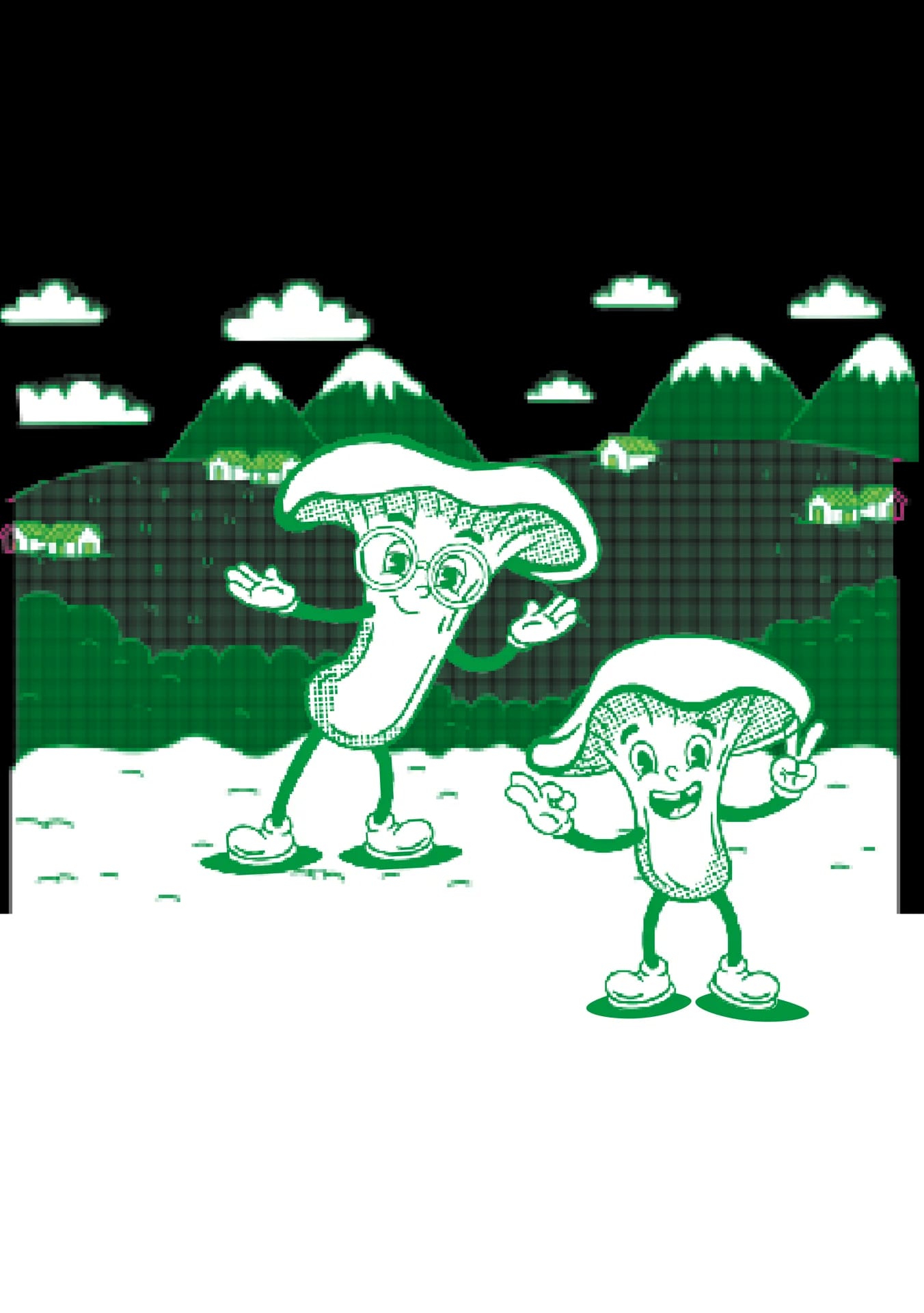 Escena de bienvenida ilustrada con Pleu y Otus entre setas orellanas