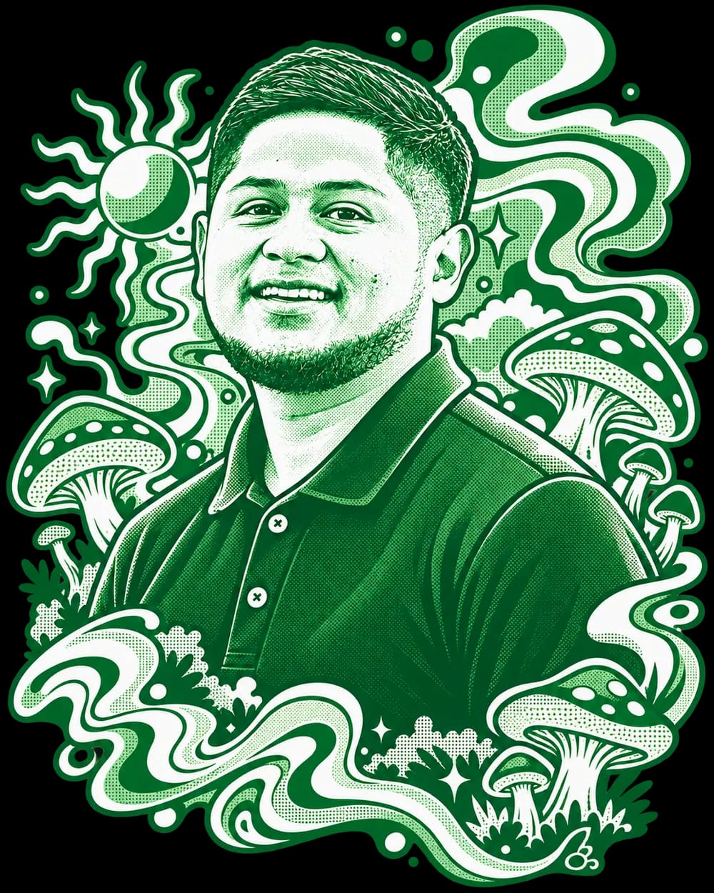 Retrato ilustrado de Gilberto Alvarado, fundador de Fungo Genix